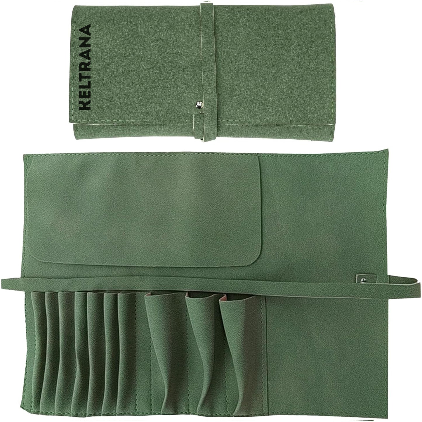 Keltrana 2Pcs Makeup Brush Case Travel Folding Travel Makeup Brushes Cases Roll Up Brush Rolling Bag Makeup Brush Organizer for Womens Cosmetic Bags Pouch Case Roll-up PU Leather Dark Green