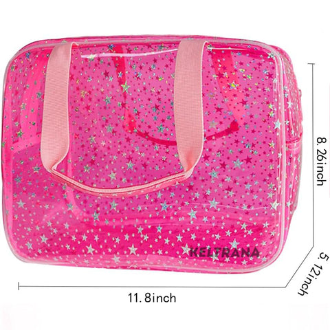 Keltrana Clear Pink Star Large Cosmetic Bag – 12x5x8 inch Travel Pouch with Handle, Durable PVC, Zipper Design