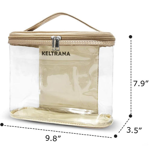 Keltrana Cosmetic Bag Portable Clear Toiletry Case Makeup Bag Carry On Transparent PVC Pouch Handbag Storage Organizer with Handle Strap for Women Men Trip Travel Accessories Gold