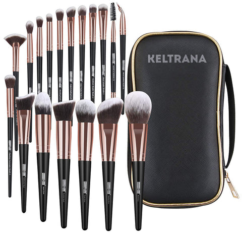 Keltrana 18 Pcs Professional Synthetic Makeup Brush Set – Includes Case, Foundation, Kabuki, and Eye Brushes (Black Gold)