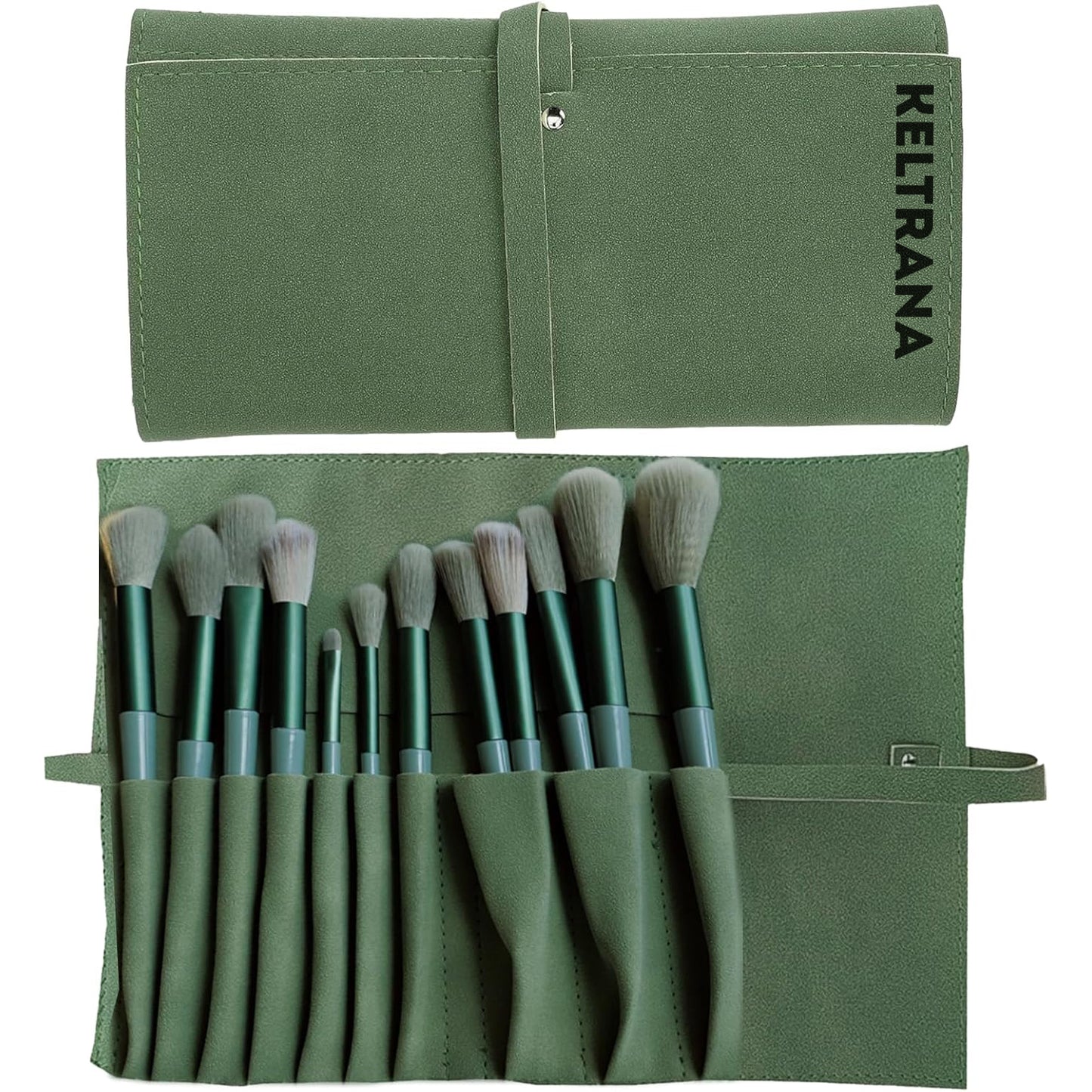 Keltrana 2Pcs Makeup Brush Case Travel Folding Travel Makeup Brushes Cases Roll Up Brush Rolling Bag Makeup Brush Organizer for Womens Cosmetic Bags Pouch Case Roll-up PU Leather Dark Green