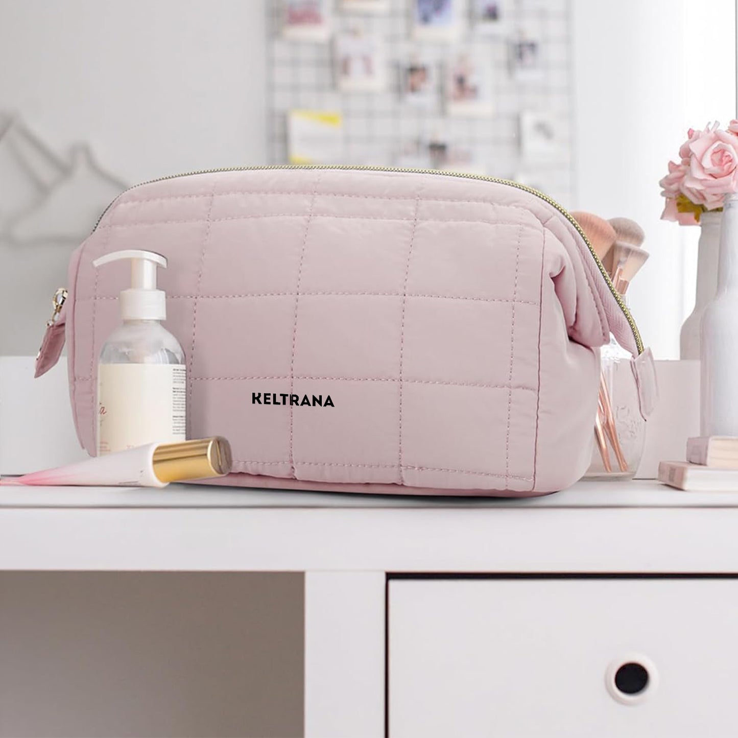 Keltrana Puffy Padded Travel Makeup Bag with Handle - Pink