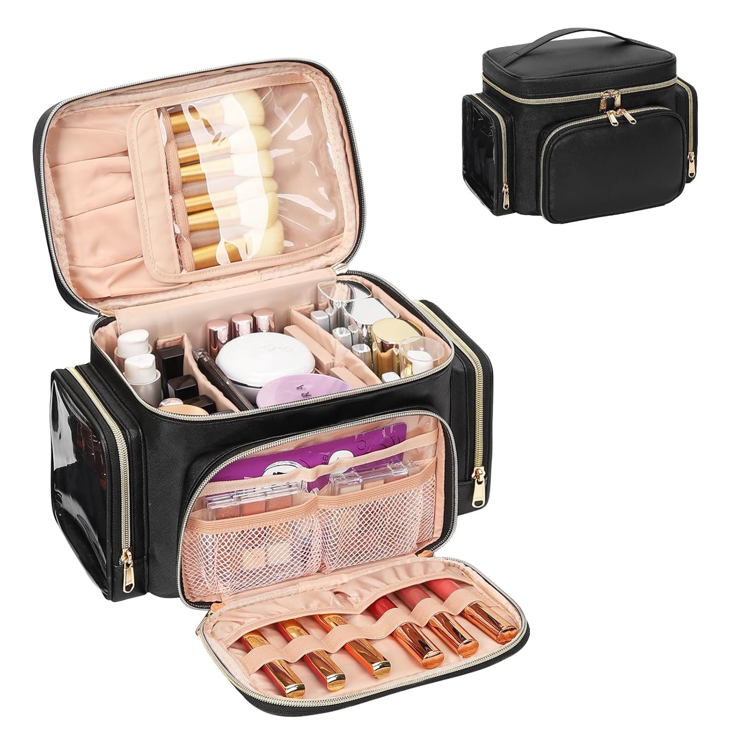 Keltrana Vertical Large Capacity Travel Makeup Bag with Brush Holder - Black