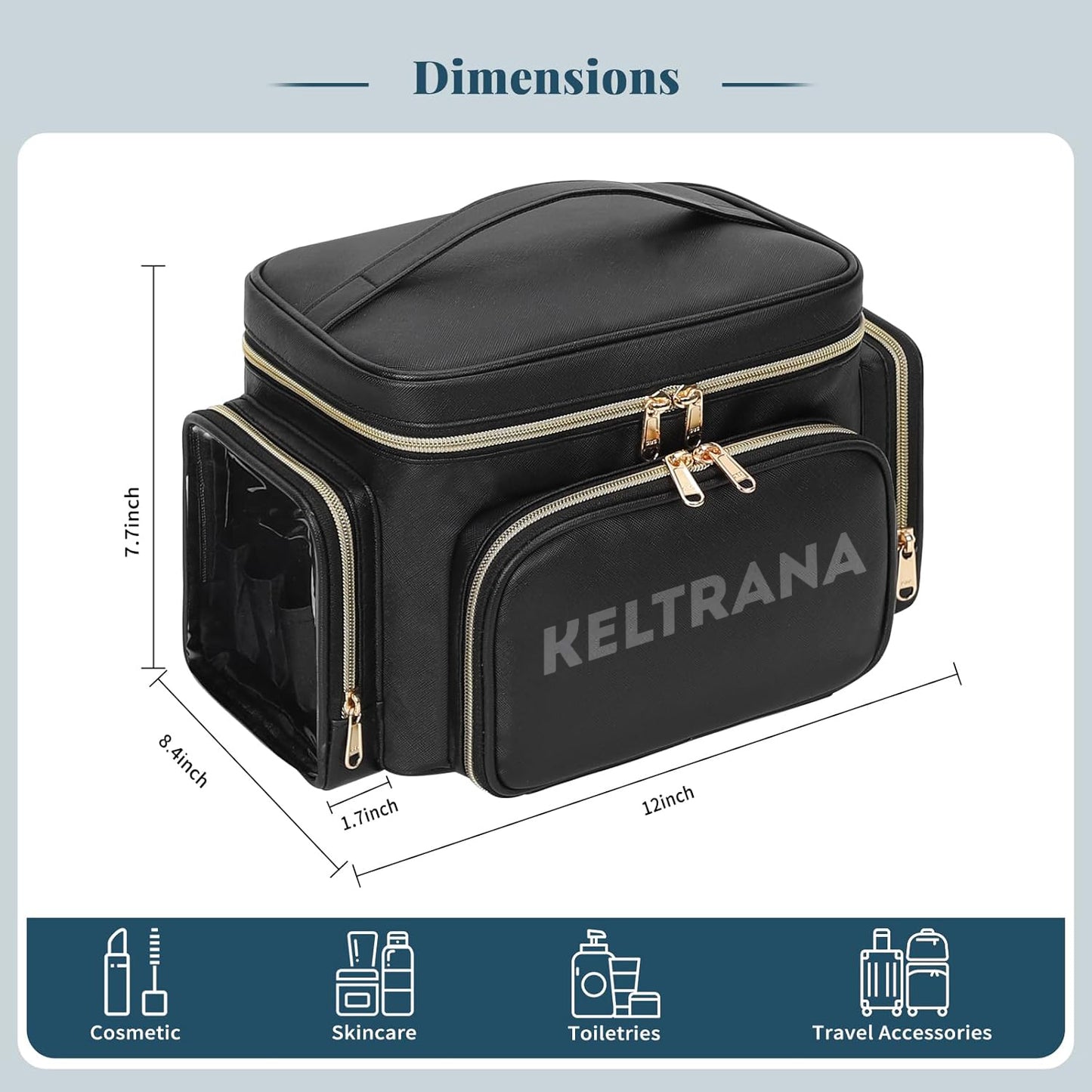 Keltrana Vertical Large Capacity Travel Makeup Bag with Brush Holder - Black