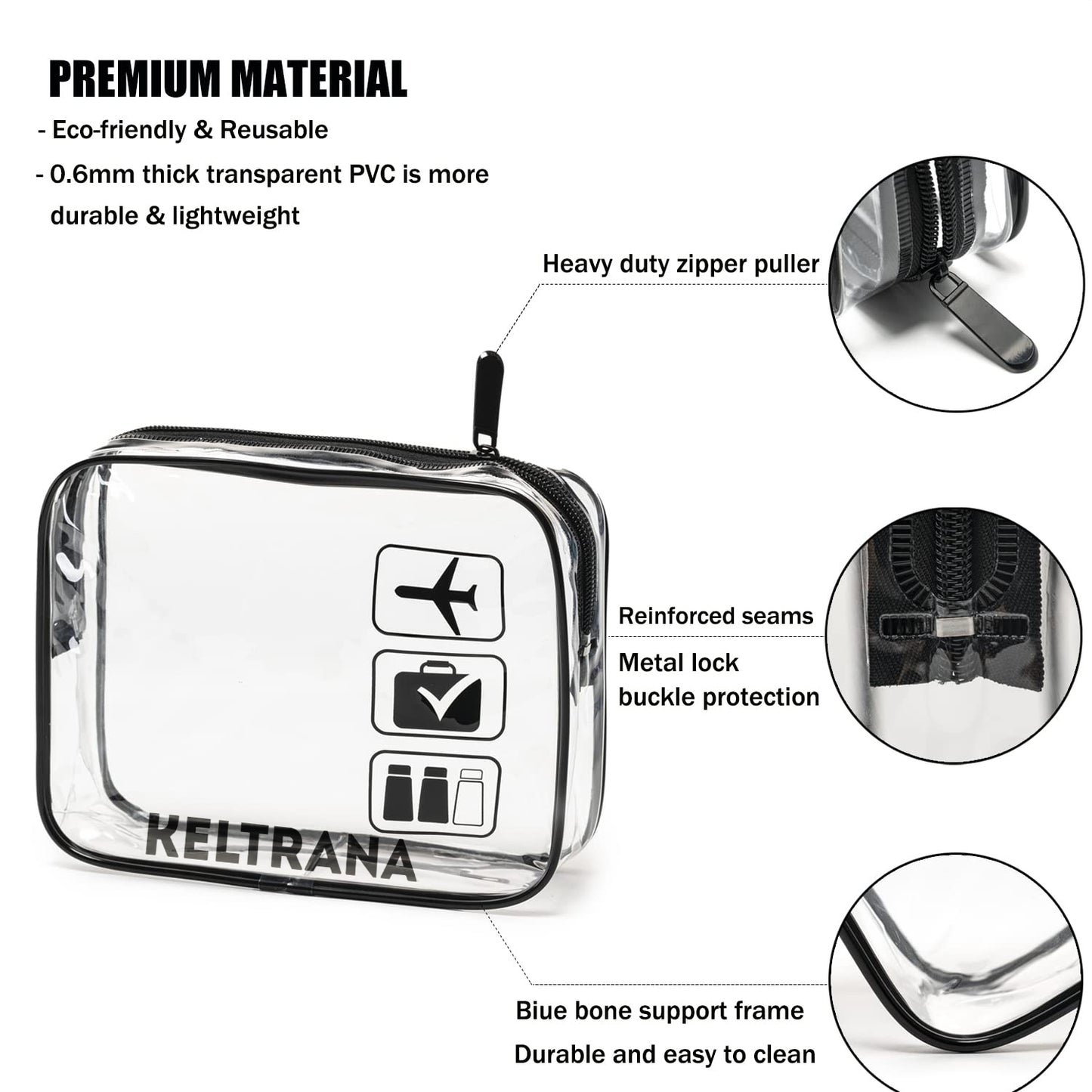 Keltrana 3-Piece Clear TSA-Approved Travel Toiletry Bag Set - Black