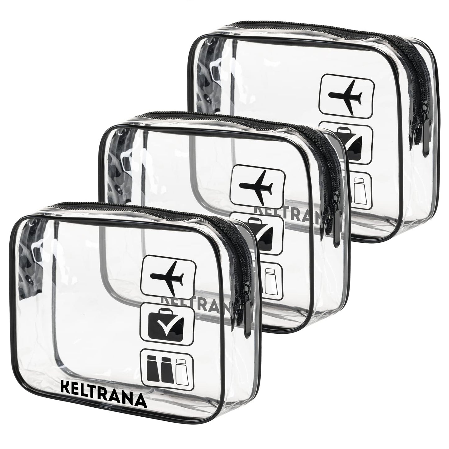 Keltrana 3-Piece Clear TSA-Approved Travel Toiletry Bag Set - Black