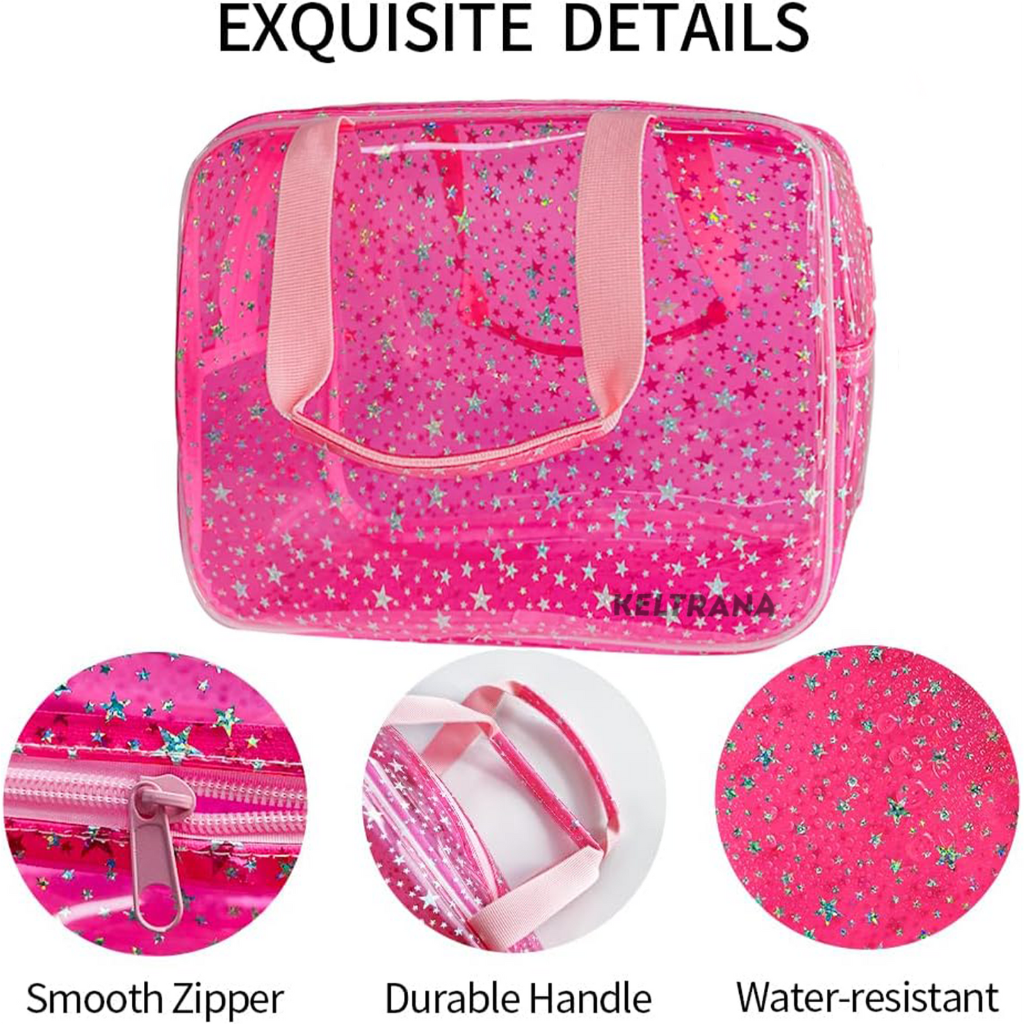 Keltrana Clear Pink Star Large Cosmetic Bag – 12x5x8 inch Travel Pouch with Handle, Durable PVC, Zipper Design