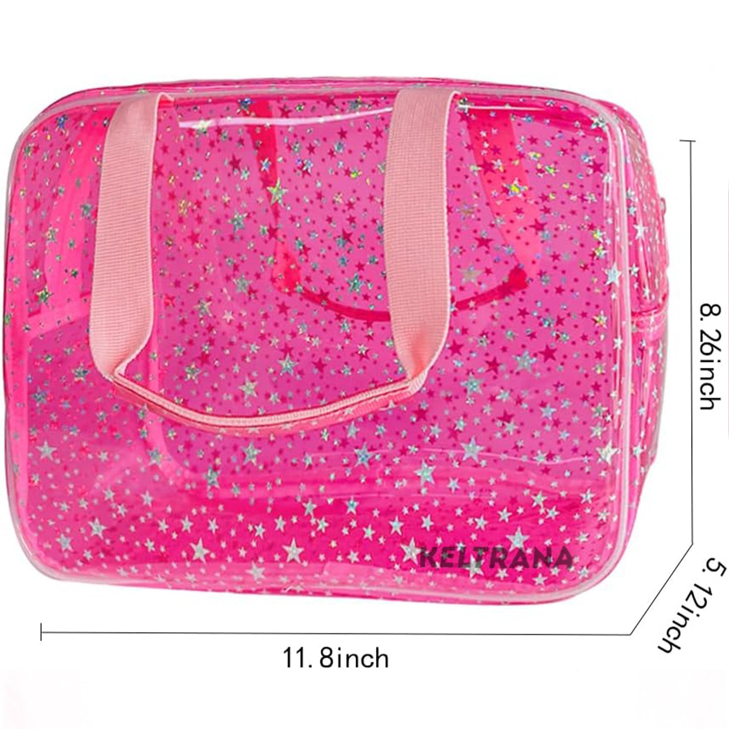 Keltrana Clear Pink Star Large Cosmetic Bag – 12x5x8 inch Travel Pouch with Handle, Durable PVC, Zipper Design