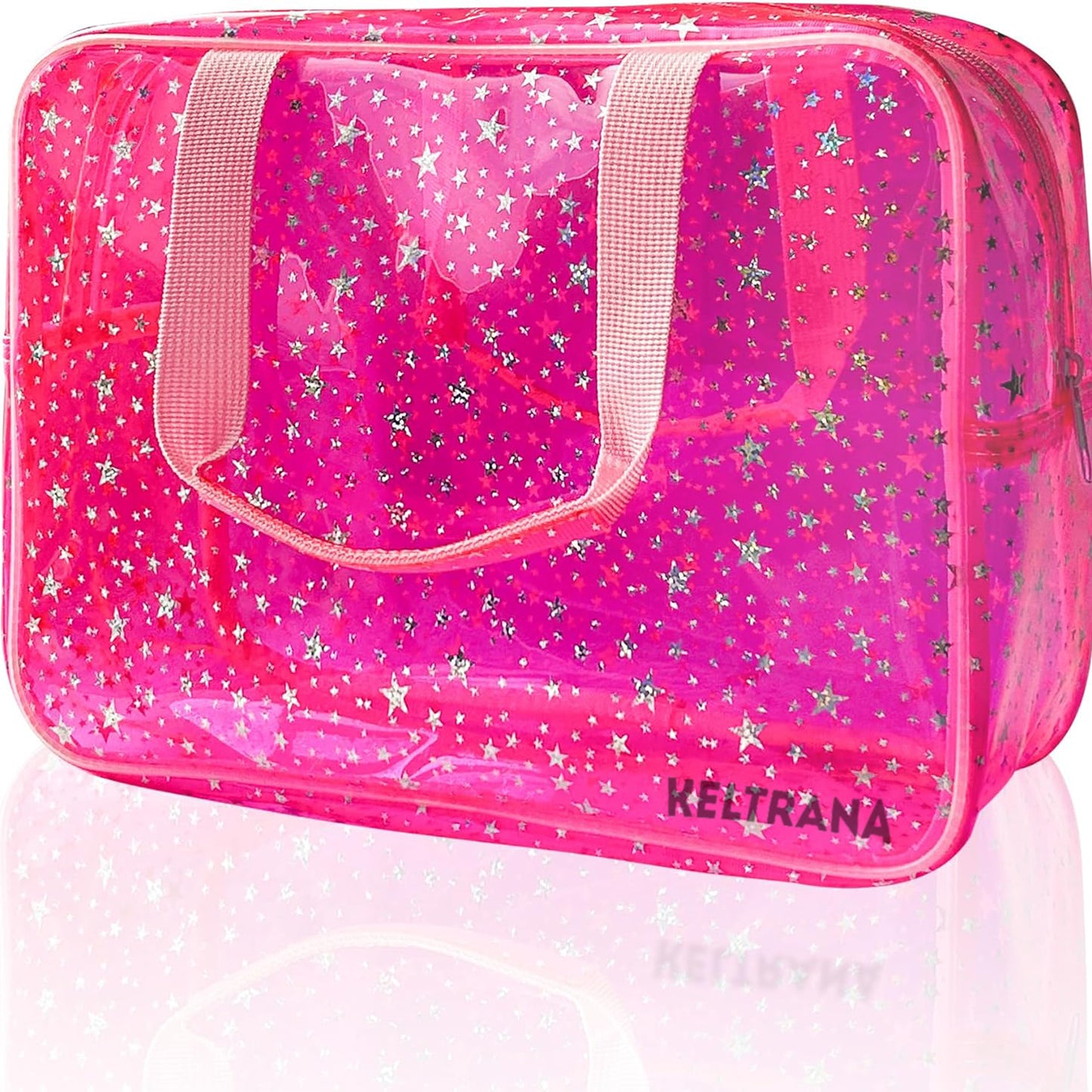 Keltrana Clear Pink Star Large Cosmetic Bag – 12x5x8 inch Travel Pouch with Handle, Durable PVC, Zipper Design