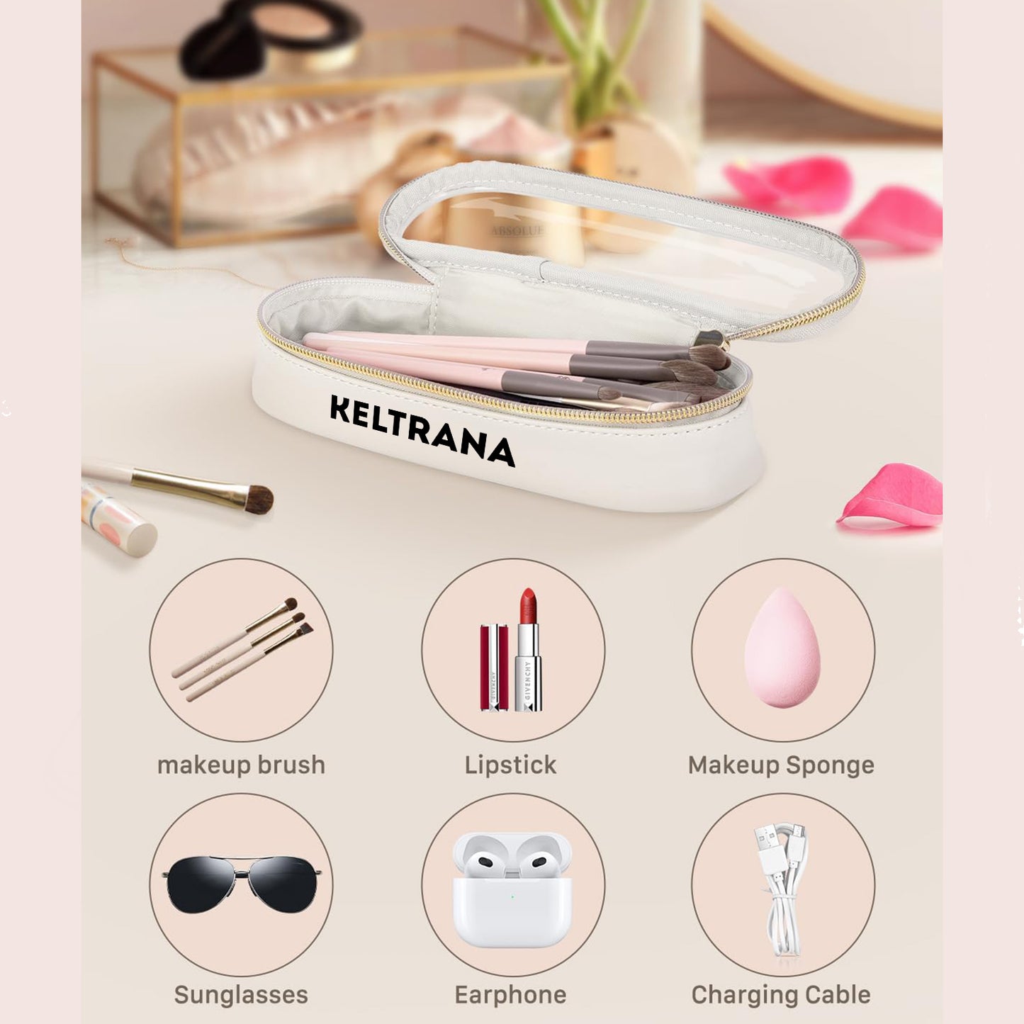 Keltrana Clear Travel Makeup Brush Holder – Transparent Waterproof Cosmetic Brush Case with Leather Accents – White