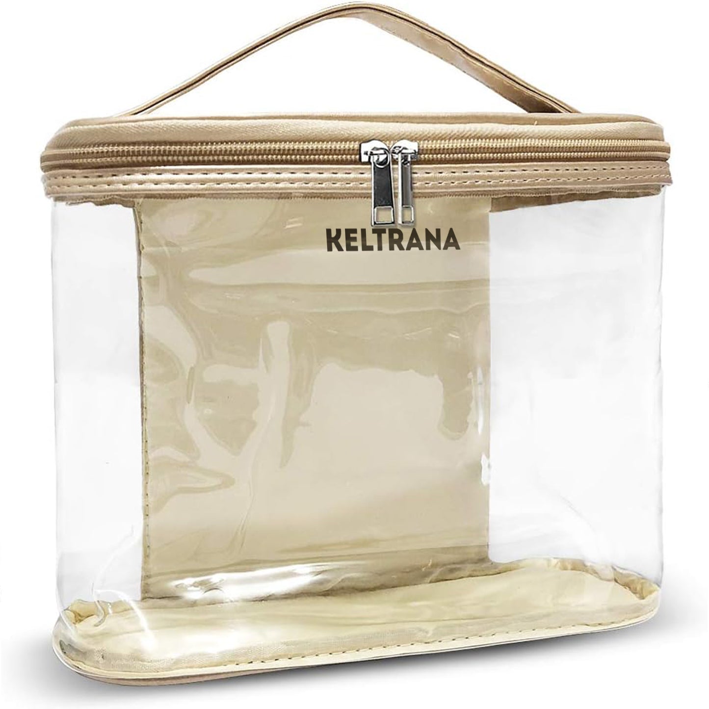 Keltrana Cosmetic Bag Portable Clear Toiletry Case Makeup Bag Carry On Transparent PVC Pouch Handbag Storage Organizer with Handle Strap for Women Men Trip Travel Accessories Gold