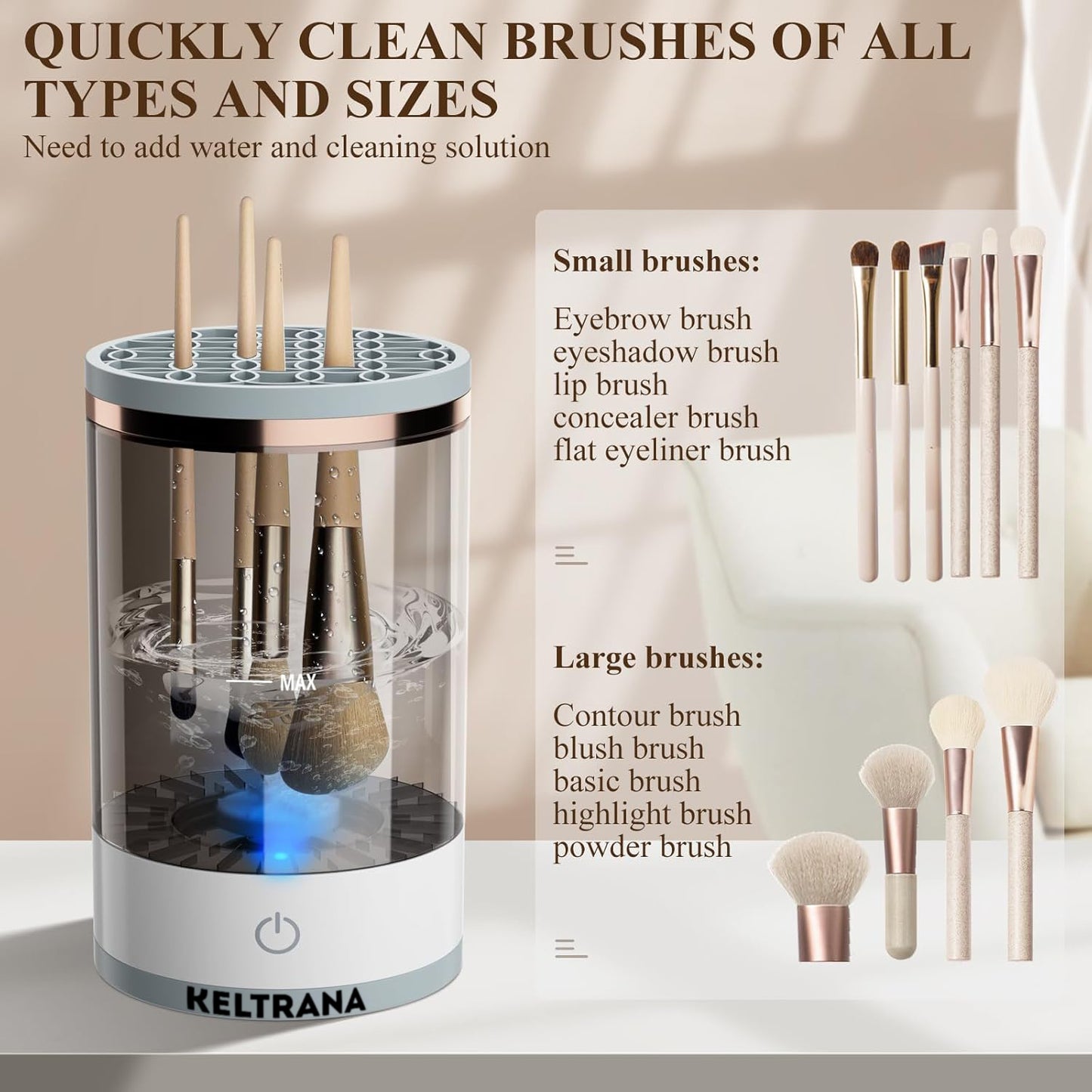 Keltrana Electric Makeup Brush Cleaner – Automatic Spinning Cleaner with Brush Clean Mat, Upgraded Model for All Sizes