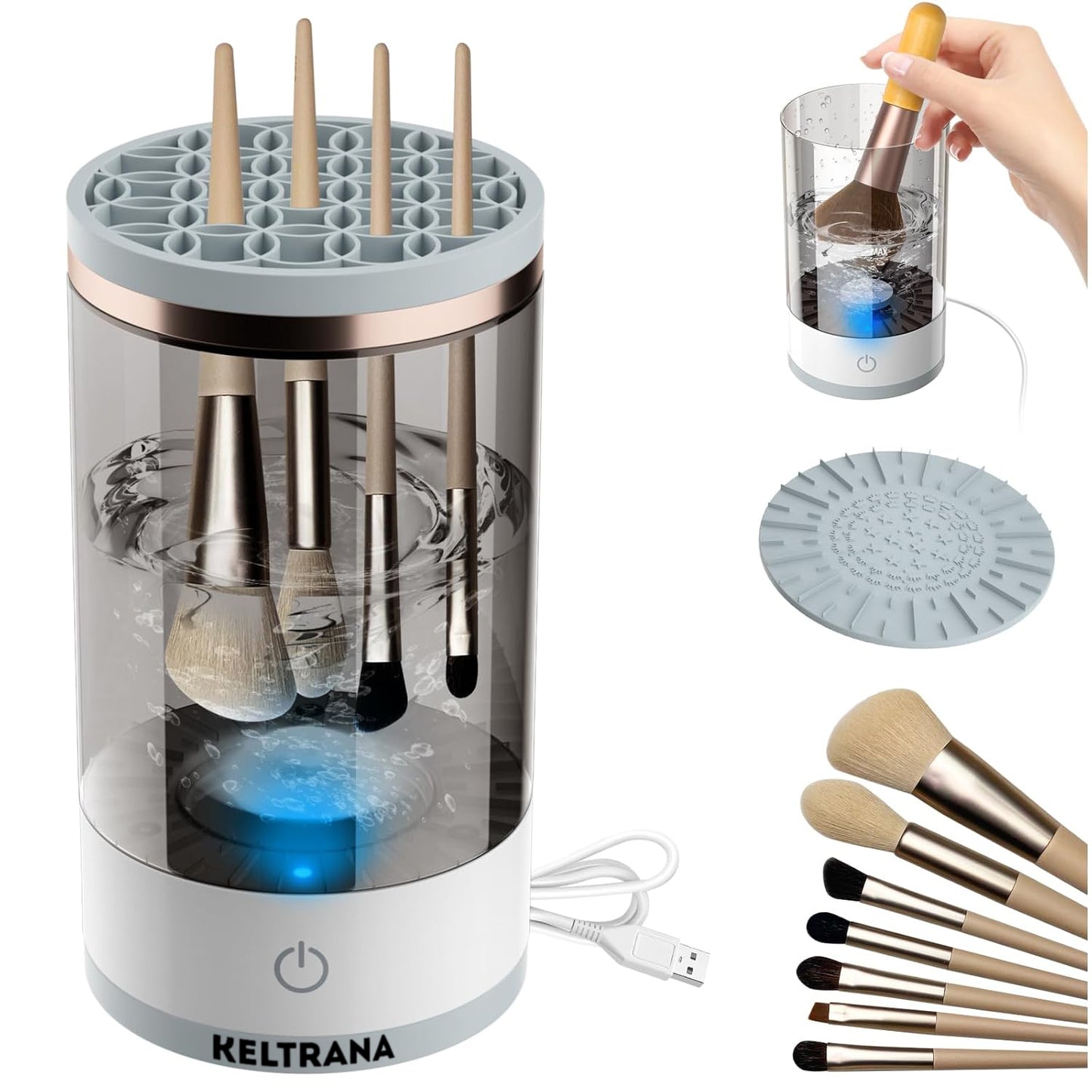Keltrana Electric Makeup Brush Cleaner – Automatic Spinning Cleaner with Brush Clean Mat, Upgraded Model for All Sizes