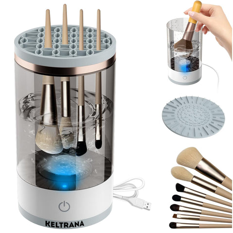 Keltrana Electric Makeup Brush Cleaner – Automatic Spinning Cleaner with Brush Clean Mat, Upgraded Model for All Sizes