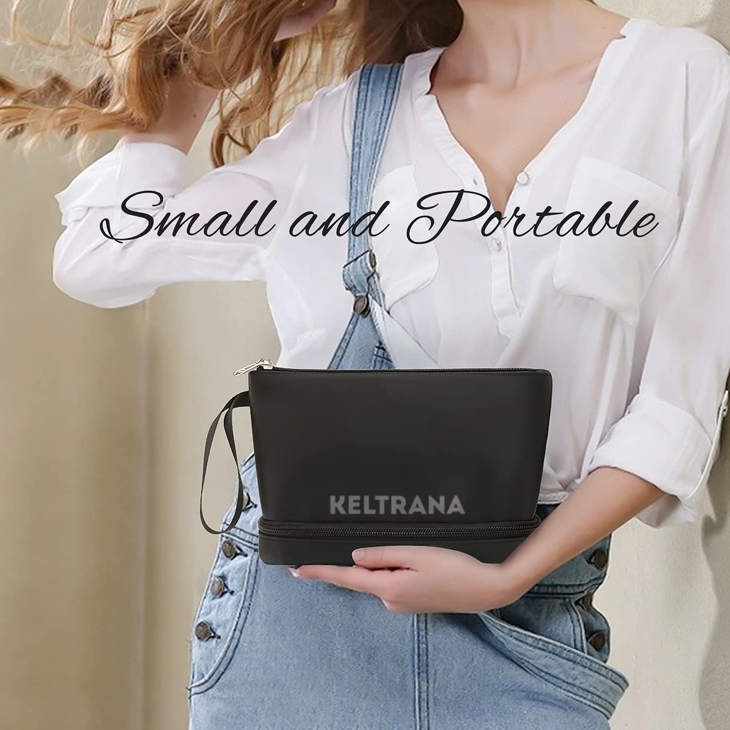 Keltrana Ethereal Small 2-Layer Travel Makeup Bag with Brush Holder - Black