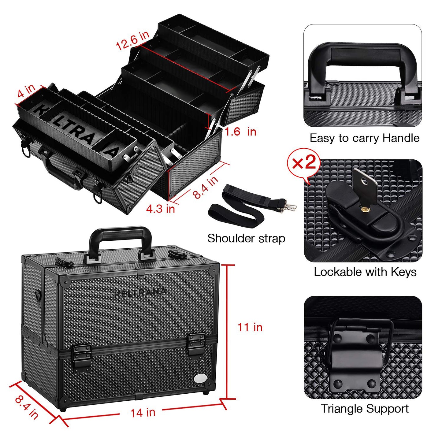 Keltrana Joligrace Professional Makeup Train Case – 14" Black Cosmetic Storage Box with Lock and 6 Trays