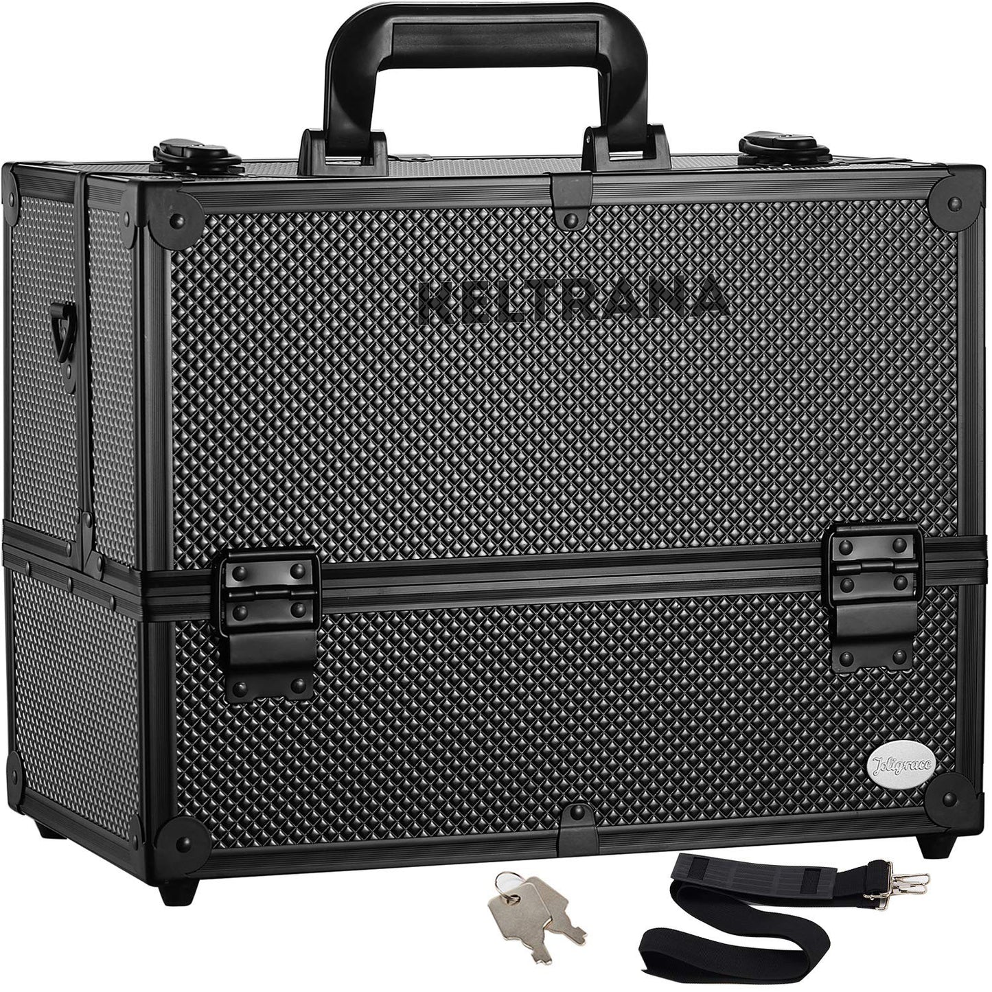 Keltrana Joligrace Professional Makeup Train Case – 14" Black Cosmetic Storage Box with Lock and 6 Trays