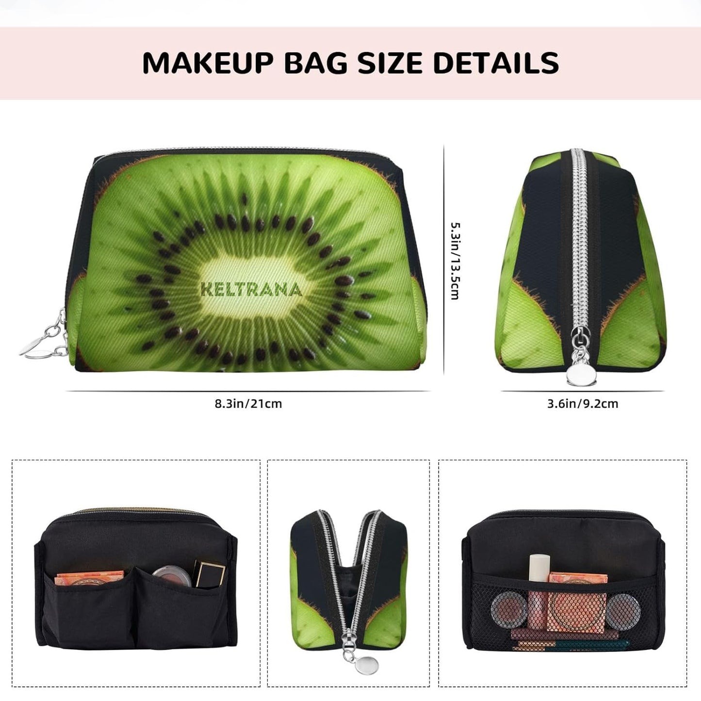 Keltrana Kiwi Slice Leather Makeup Bag – Waterproof Portable Travel Zipper Pouch for Women & Girls