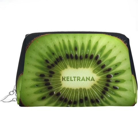 Keltrana Kiwi Slice Leather Makeup Bag – Waterproof Portable Travel Zipper Pouch for Women & Girls