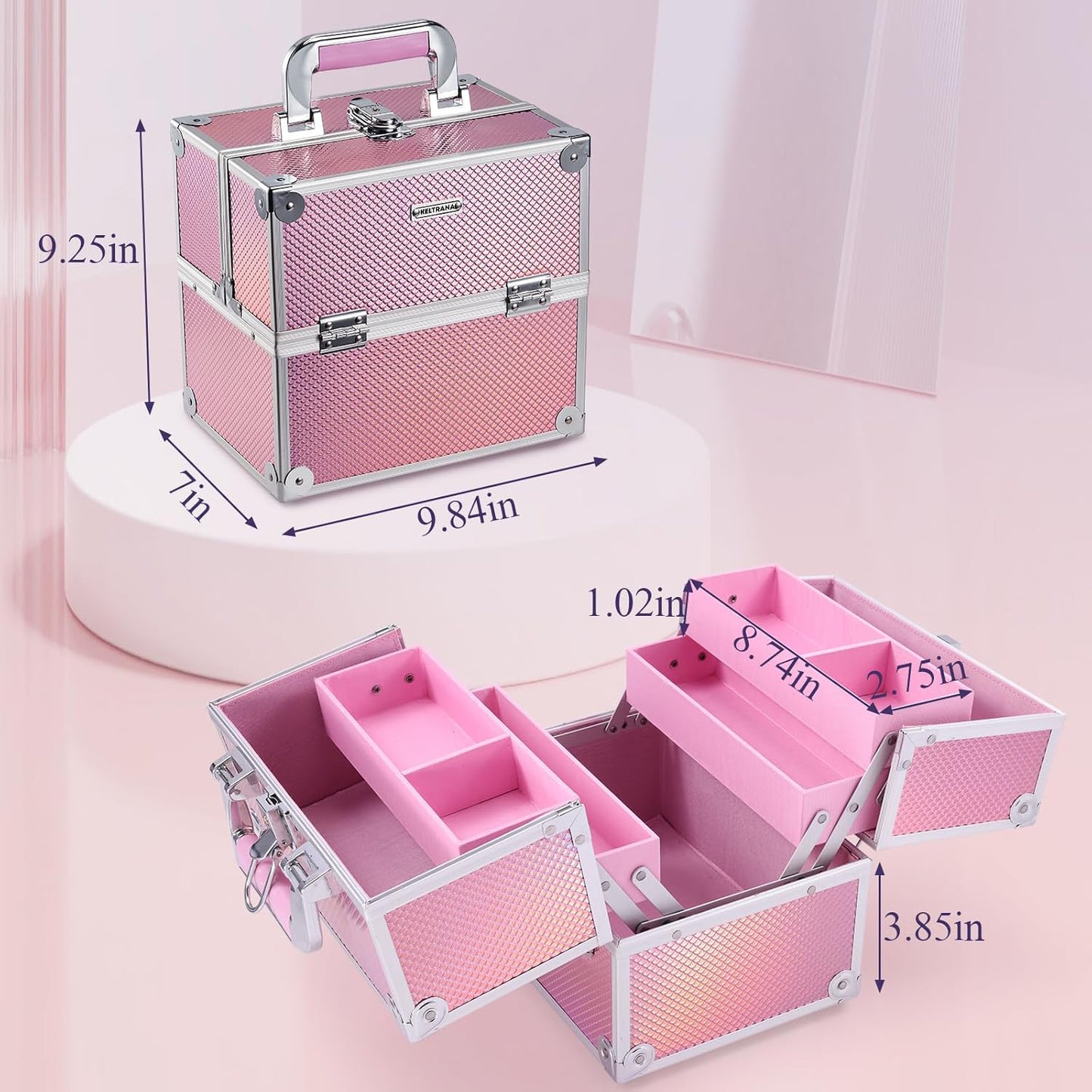 Keltrana Makeup Case Storage Box – Portable Artist Travel Organizer with 4 Trays and Lock, Mermaid Pink