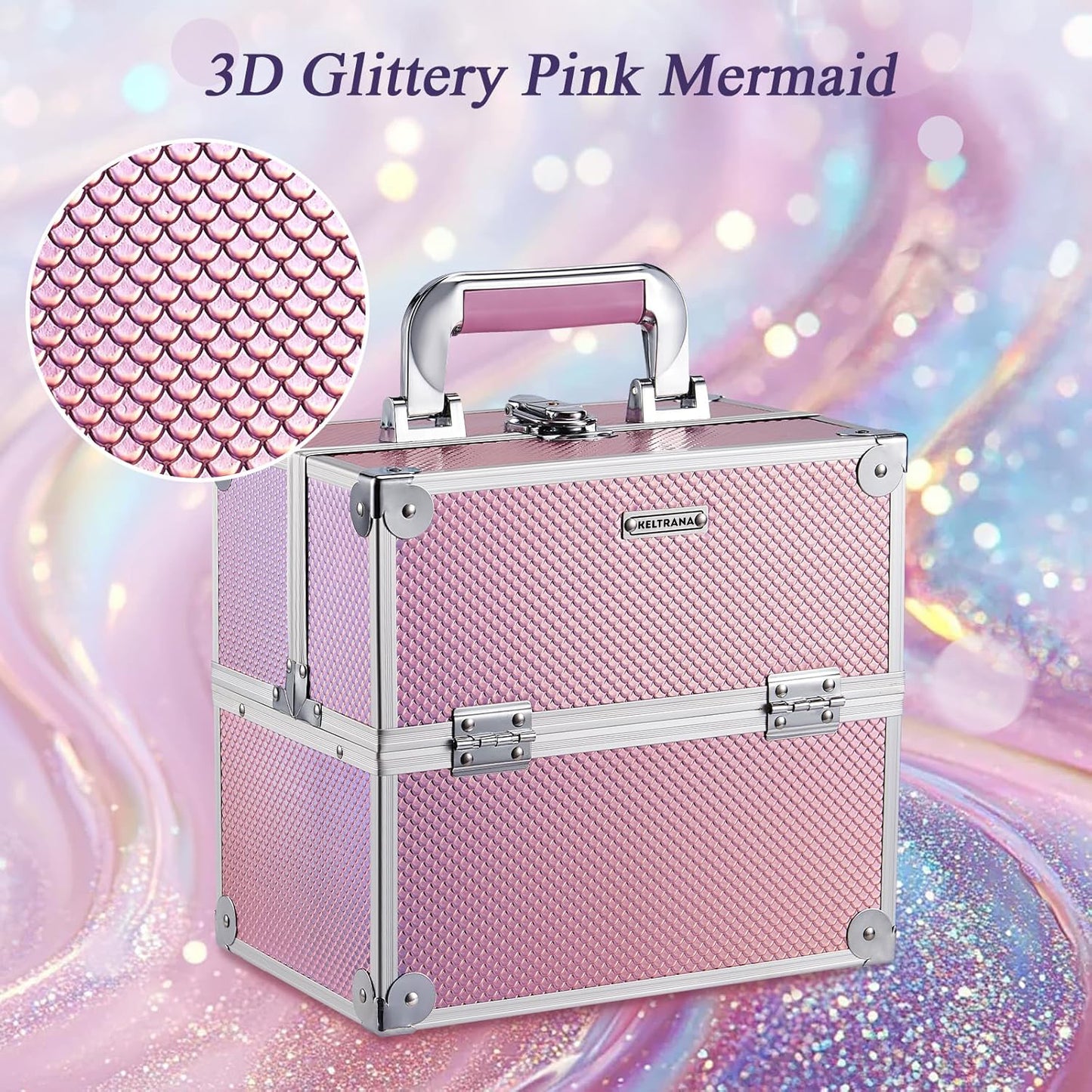 Keltrana Makeup Case Storage Box – Portable Artist Travel Organizer with 4 Trays and Lock, Mermaid Pink