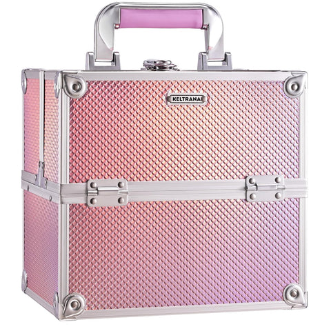 Keltrana Makeup Case Storage Box – Portable Artist Travel Organizer with 4 Trays and Lock, Mermaid Pink