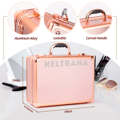 Keltrana Makeup Train Case Cosmetic Organizer Box Makeup Case with Lights and Mirror Makeup Case with Customized Dividers Large Makeup Artist Organizer Kit Rose Gold