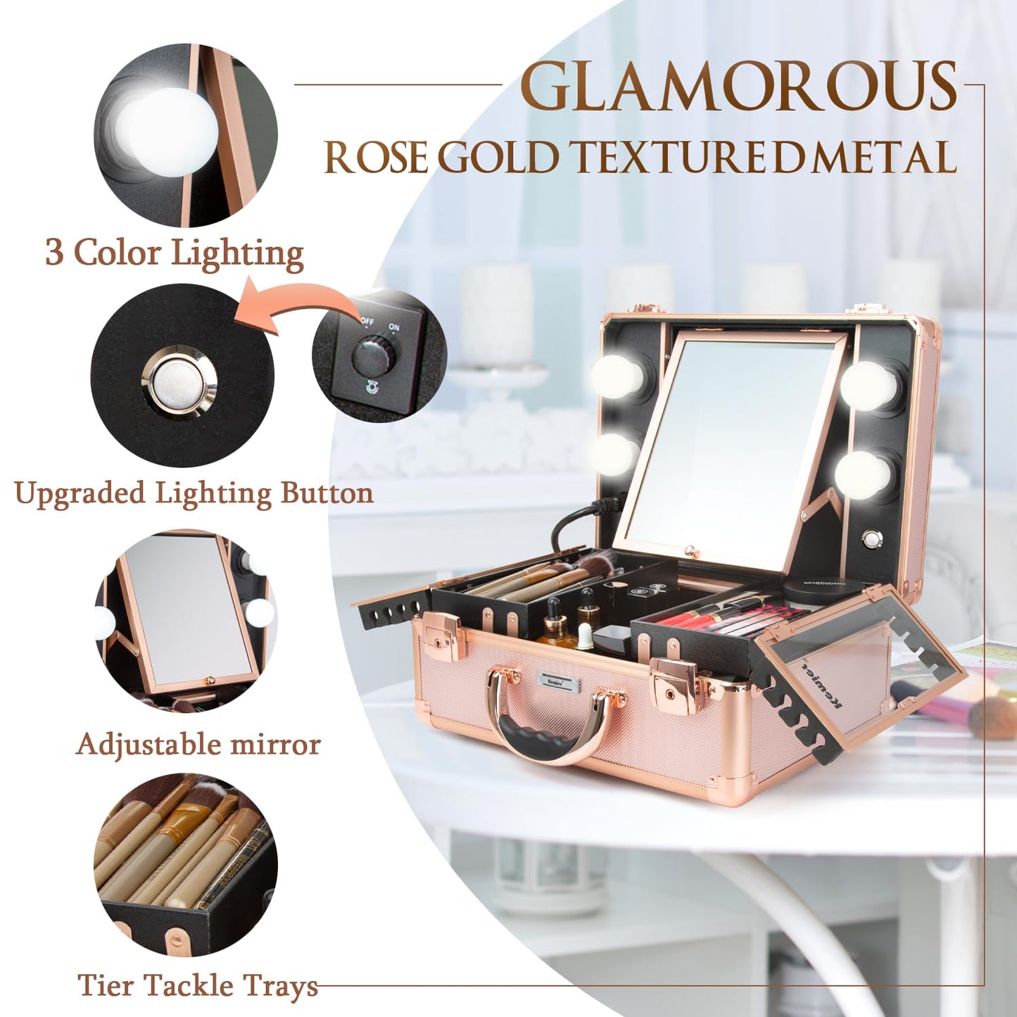 Keltrana Makeup Train Case Cosmetic Organizer Box Makeup Case with Lights and Mirror Makeup Case with Customized Dividers Large Makeup Artist Organizer Kit Rose Gold