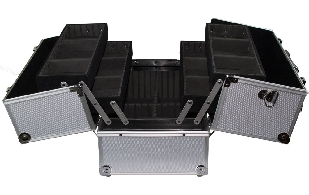 Keltrana Professional Makeup Train Case – Silver 14" Cosmetic Organizer with Adjustable Dividers and Lock