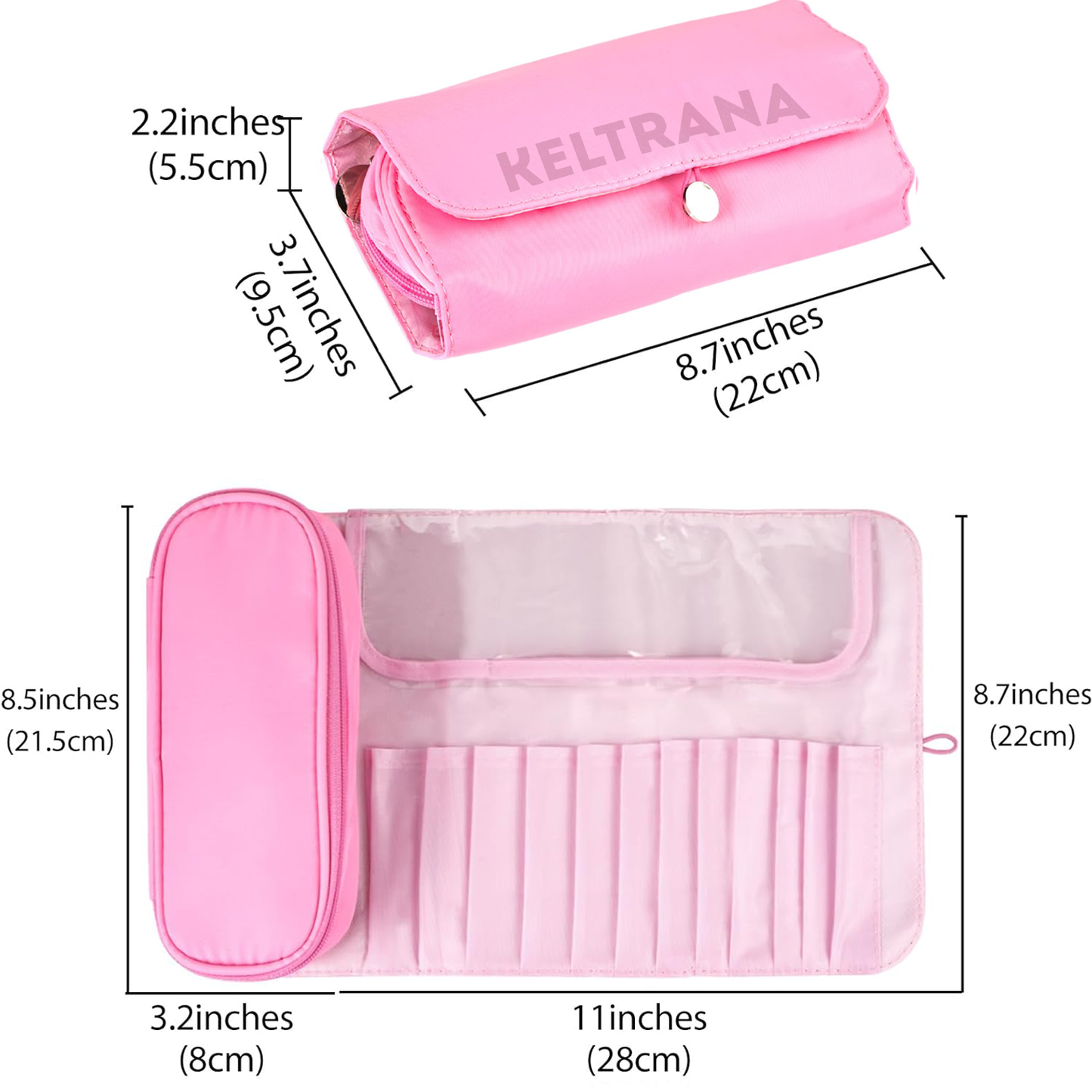 Keltrana Portable Folding Makeup Brush Bag Multifunctional Cosmetics Rolling Storage Case Makeup Brush Holder for Travel Makeup Brush Organizer Bag Pink