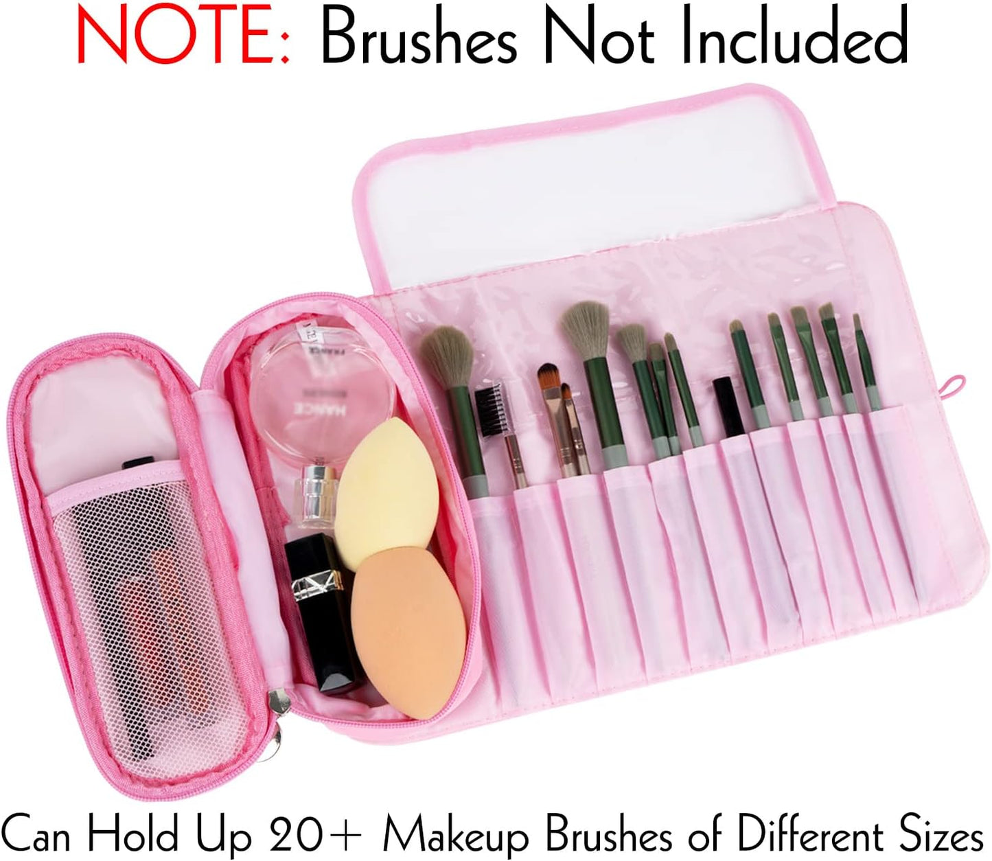 Keltrana Portable Folding Makeup Brush Bag Multifunctional Cosmetics Rolling Storage Case Makeup Brush Holder for Travel Makeup Brush Organizer Bag Pink