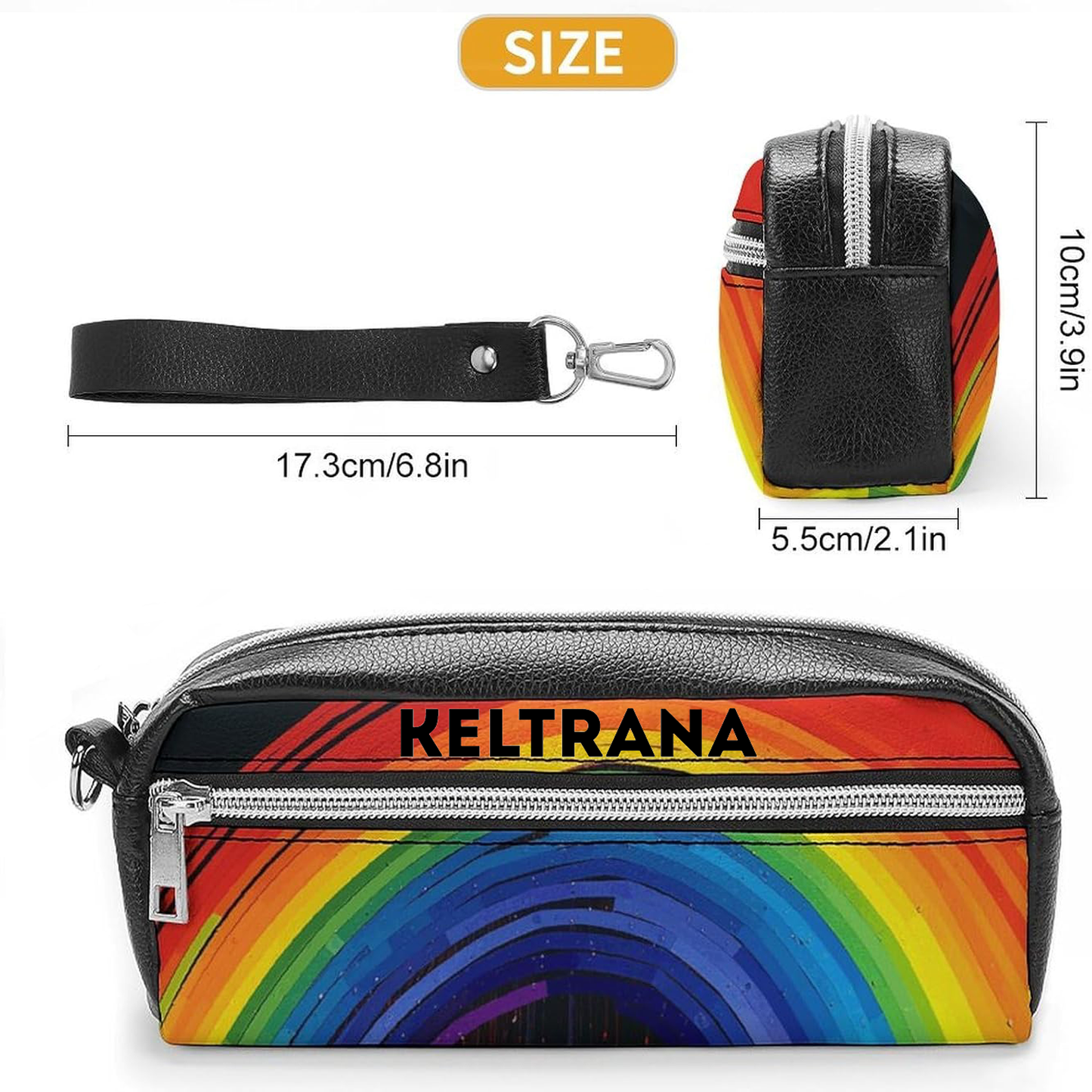 Keltrana Rainbow Leather Pencil Case – Large Capacity Double Compartment Travel Cosmetic Bag for Men & Women