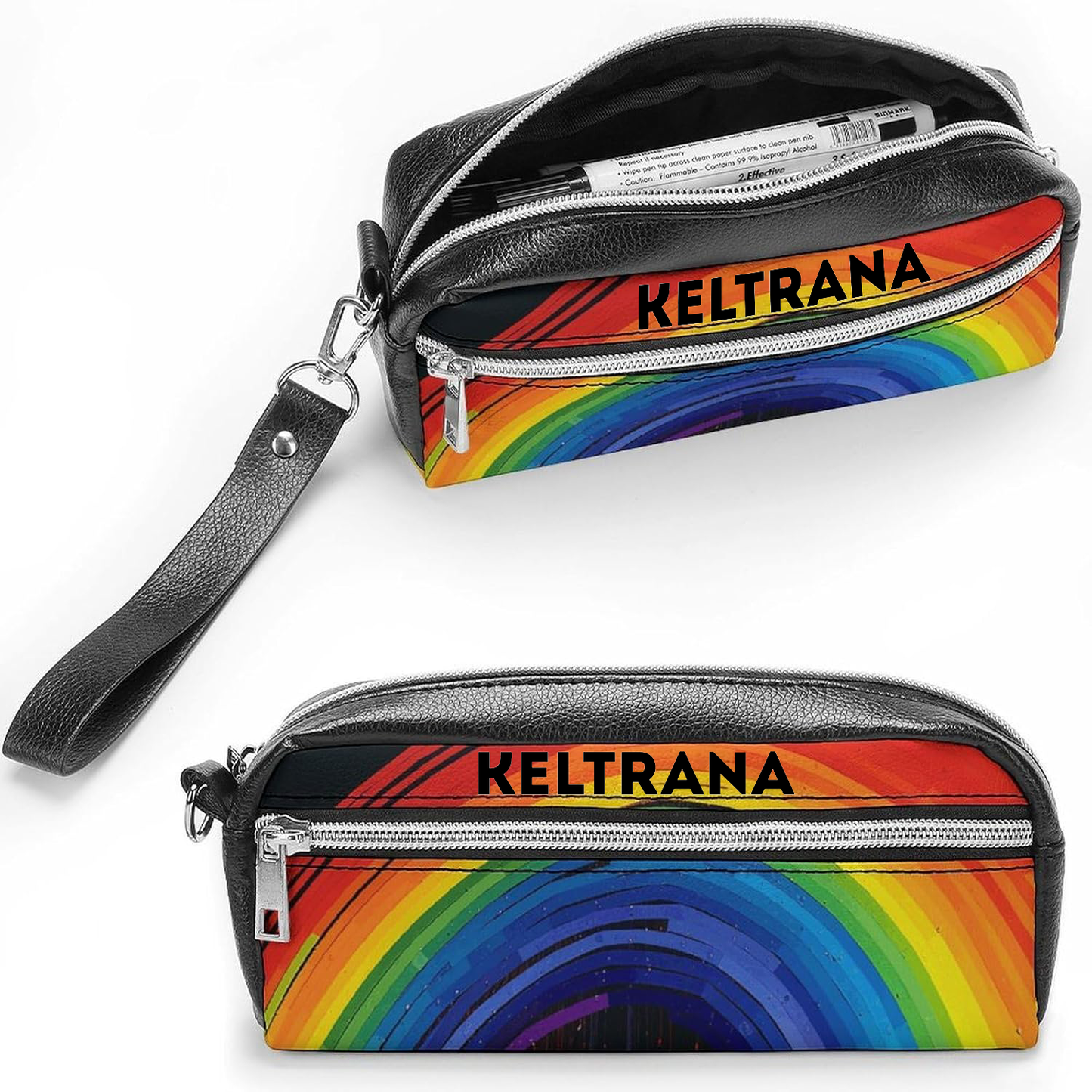 Keltrana Rainbow Leather Pencil Case – Large Capacity Double Compartment Travel Cosmetic Bag for Men & Women