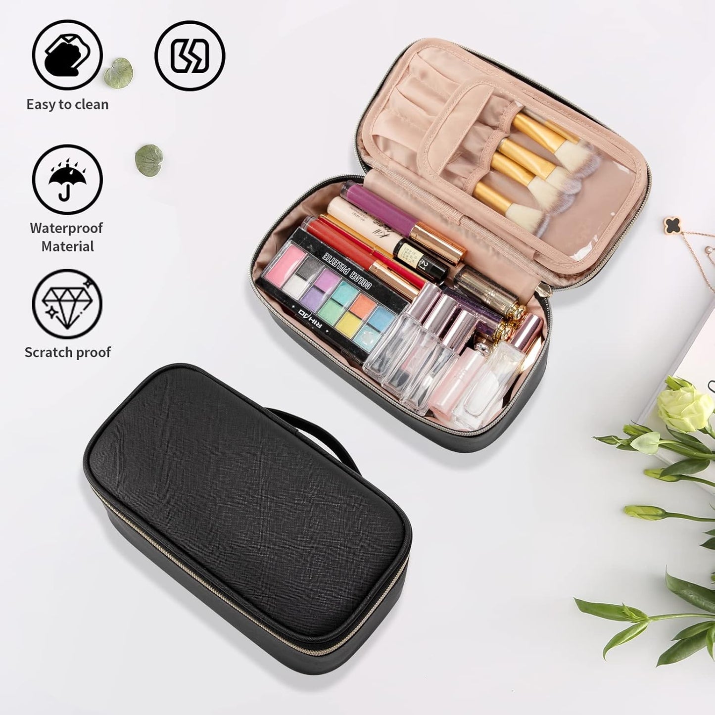 Keltrana Small Portable Travel Cosmetic Bag for Women - Black