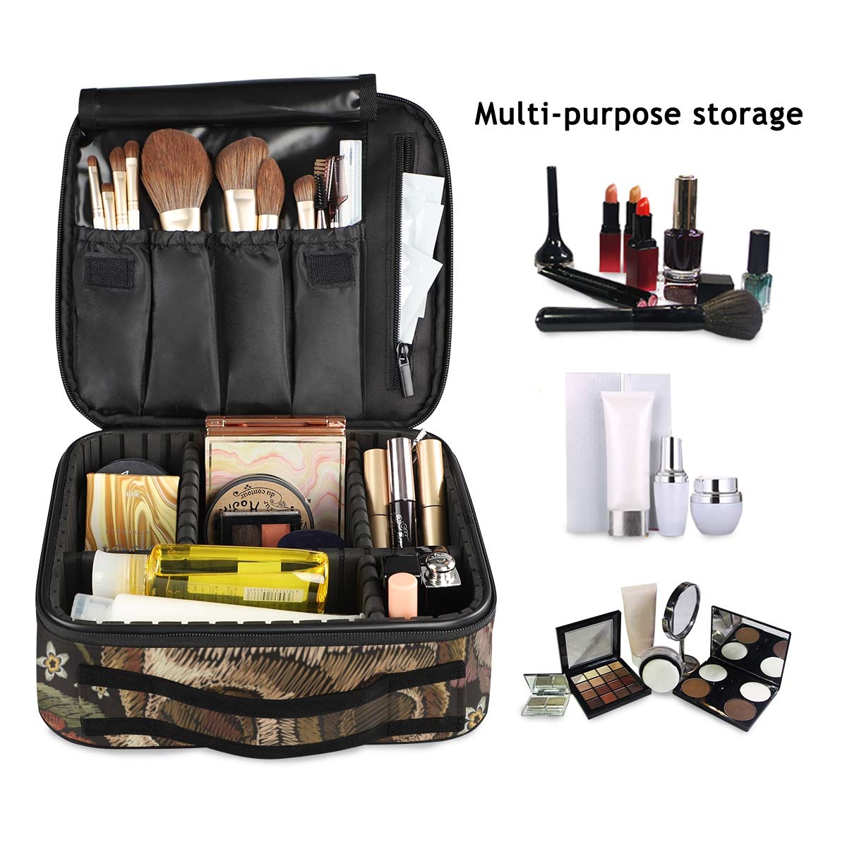 Keltrana Travel Makeup Case Day of The Dead Skull Rose Humming Bird Dia Muertos Cosmetic toiletry Travel bag for Women Girls